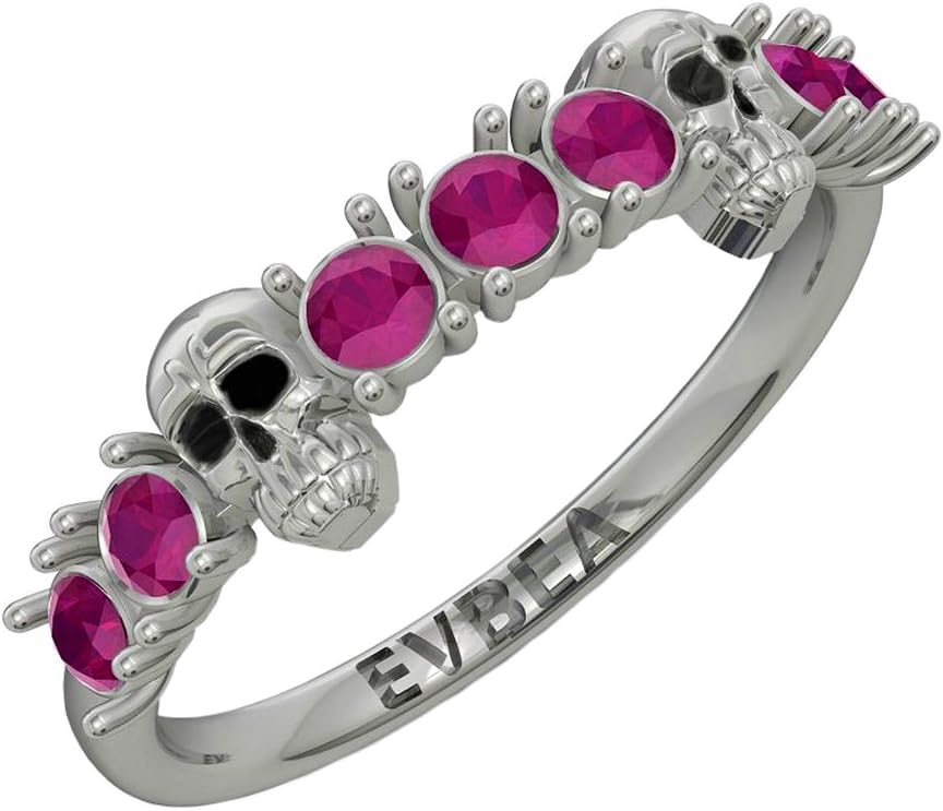 EVBEA Sugar Skull Band Fancy Retro Dainty Seleton Ruby Pave Rings for Women (P 1/2)