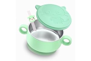 qianliyer Stainless Steel Toddler Bowls Kid Stainless Steel Suction Plates for Baby Suction Cup Bowls with Lids for Baby Dishes Feeding Set Devided Toddler Plates with Suction (SP-04green)