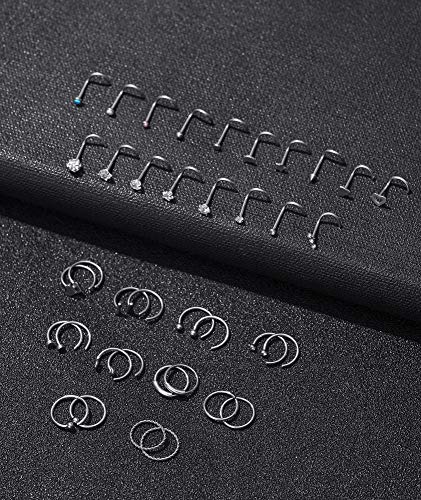 Tornito 20G 38Pcs Stainless Steel Nose Screw Studs Rings CZ Hoop Tragus Cartilage Nose Ring Labret Nose Piercing Jewelry for Men Women (A01:38Pcs, Silver Tone)