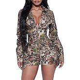 Molilove Womens Casual Camouflage Jumpsuit Y2K Long Sleeve Zipper Cargo Shorts Romper Camo One Piece Outfits Streetwear