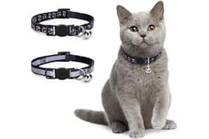 Kitten Collar with Bell， Nobleza 2 Pack Breakaway Cat Collars with Safe Quick Release Buckle， Paw Print & Strip Reflective Adjustable Soft Pet Collar for Small Medium Kitty Cats