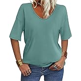 EasyGala Women's V Neck Tops Elbow Length Shirts Loose Fit Summer Tops Basic Tees