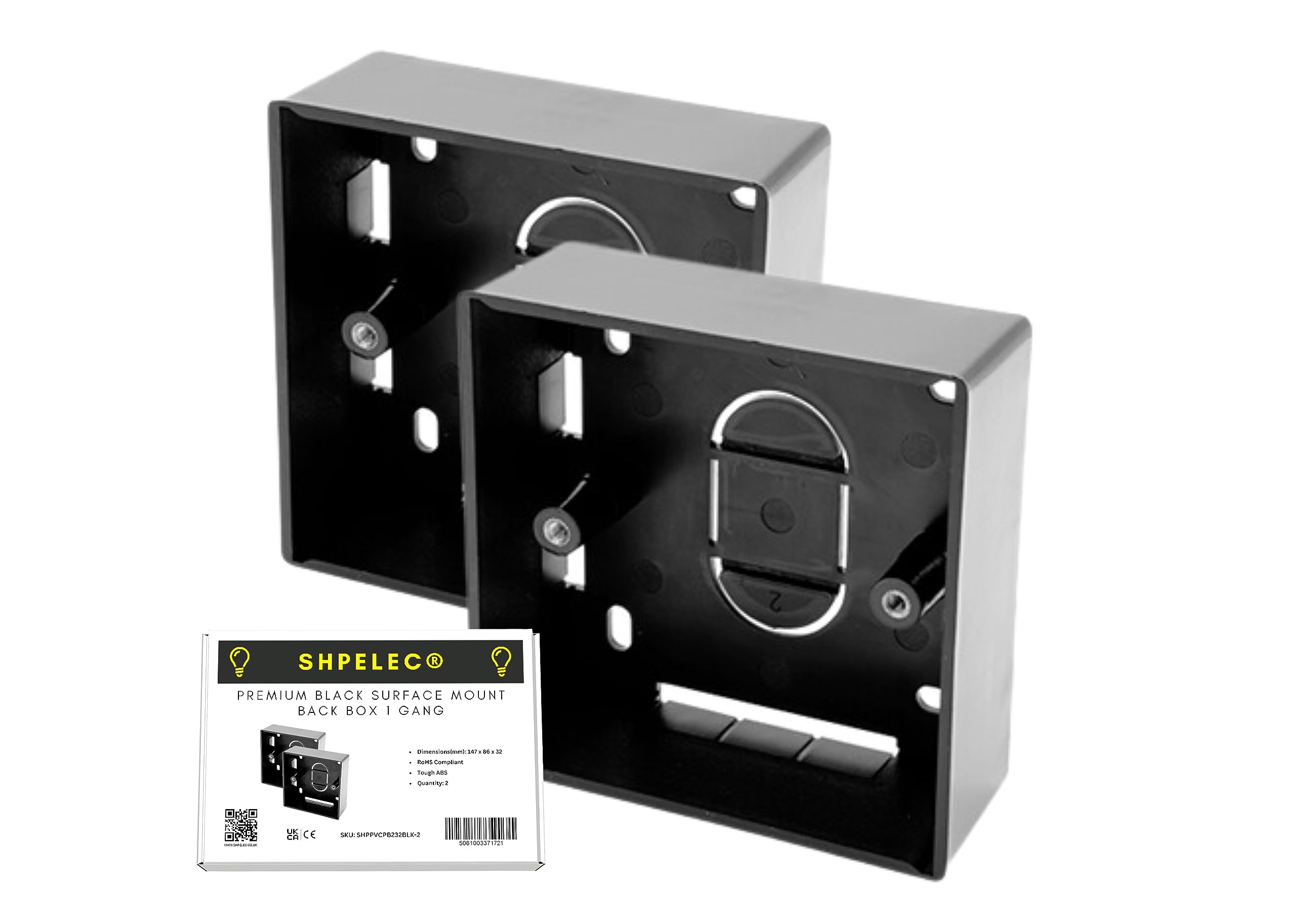 SHPELEC® Black Surface Mounted Pattress Box - Single/Double, Stylish and Durable Box for Mounting Electrical Devices, BS 5733 Compliant (2 x 1 Gang (Single))