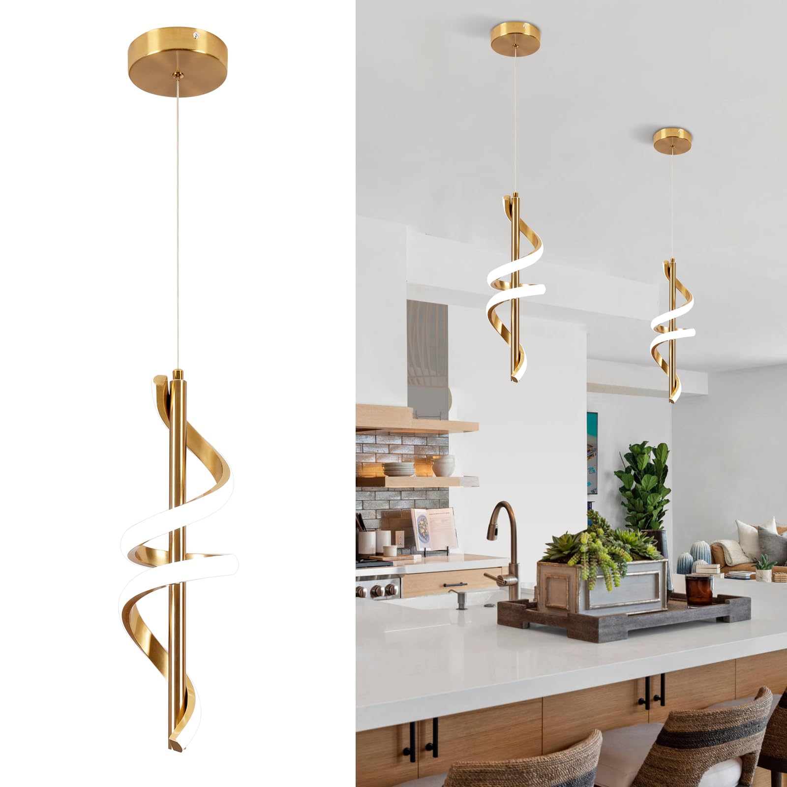 Photo 1 of Vloitgol Spiral Led Pendant Light Fixtures, 5500K Gold Modern Led Pendant Light Kitchen Island, Adjustable Height Kitchen Island Lights Fixtures for Dining Room Bedroom Sink