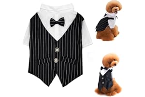 CAISANG Striped Dog Tuxedo Shirt Formal Suit Bow Tie Costume Stylish Pet Wedding Shirts Dog Prince Wedding Bow Tie Shirt Gentleman Apparel Puppy Clothes for Small Dogs Boys Teddy Summer Thin Outfits