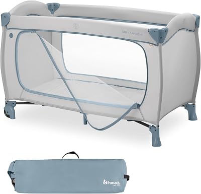 hauck Travel Cot Sleep N Play GO PLUS Blue with Wheels XL Zip Bag