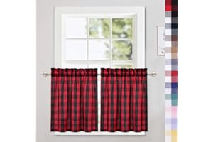 CAROMIO Cafe Curtains 24 Inches Length, Buffalo Plaid Gingham Check Short Tier Curtains for Kitchen Bathroom Window Curtain, Red/Black