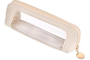 Psyqtsuary Small Clear Makeup Bag, PU Leather Travel Makeup Brush Case Portable Transparent Waterproof Cosmetic Organizer Pouch with Zipper for Women Home Travel Office Makeup Storage (White)