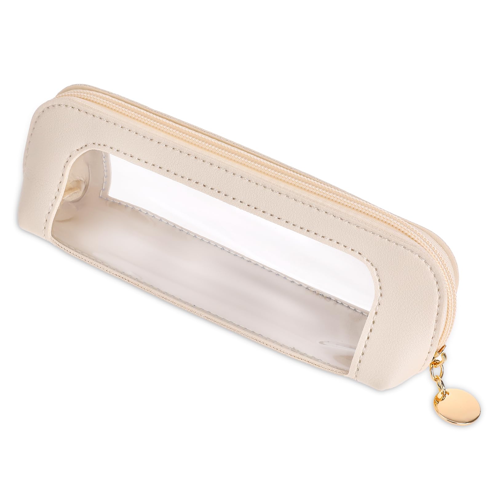 Small Clear Makeup Bag, PU Leather Travel Makeup Brush Case Portable Transparent Waterproof Cosmetic Organizer Pouch with Zipper for Women Home Travel Office Cosmetic Storage (White)