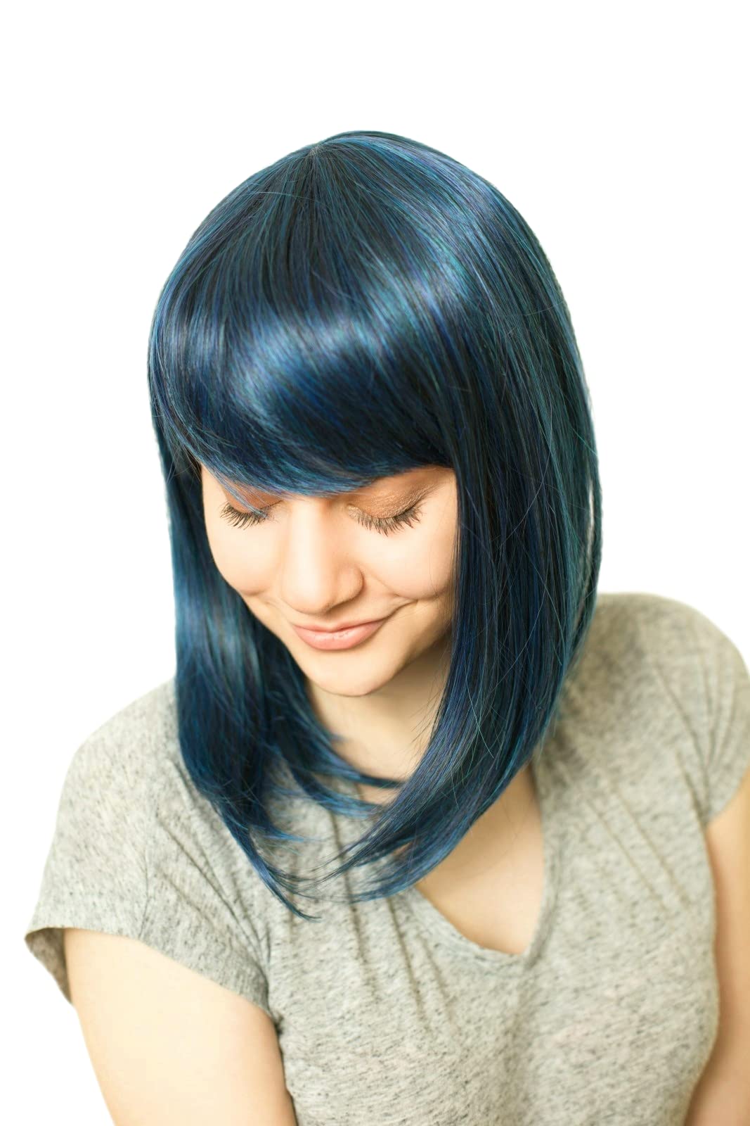 Prettyland matt Natural static-free Straight Wig Mid-Length for Daily Life with Bangs - Dark Blue (black Blue Mixed) C180 โ image 1
