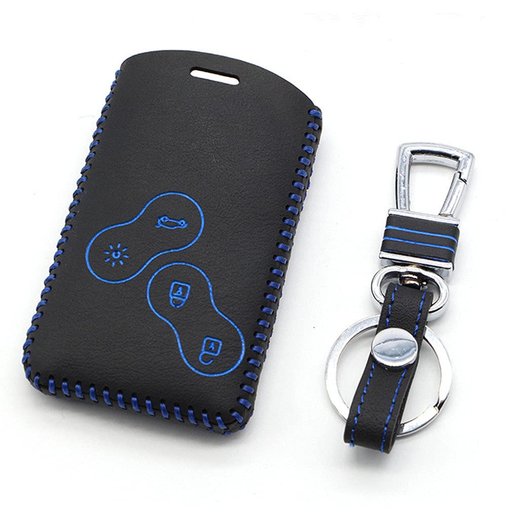 Happyit Leather Car Key Cover Cases Keychain for Renault Clio Scenic Megane Duster Sandero Captur Twingo koleos 4 Buttons Remote Control (Blue)