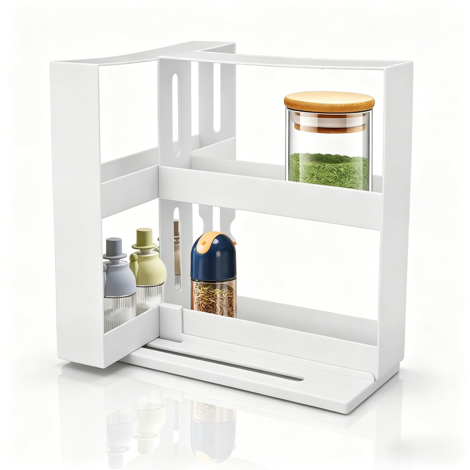 Cyrank Sliding Spice Rack Organizer,2 Tiers Seasoning Spice Jar Rack Storage Rotating Spice Rack Kitchen Cabinet Organiser Slide Salt Bottle Box Holder Shelf Counter Spice Stand