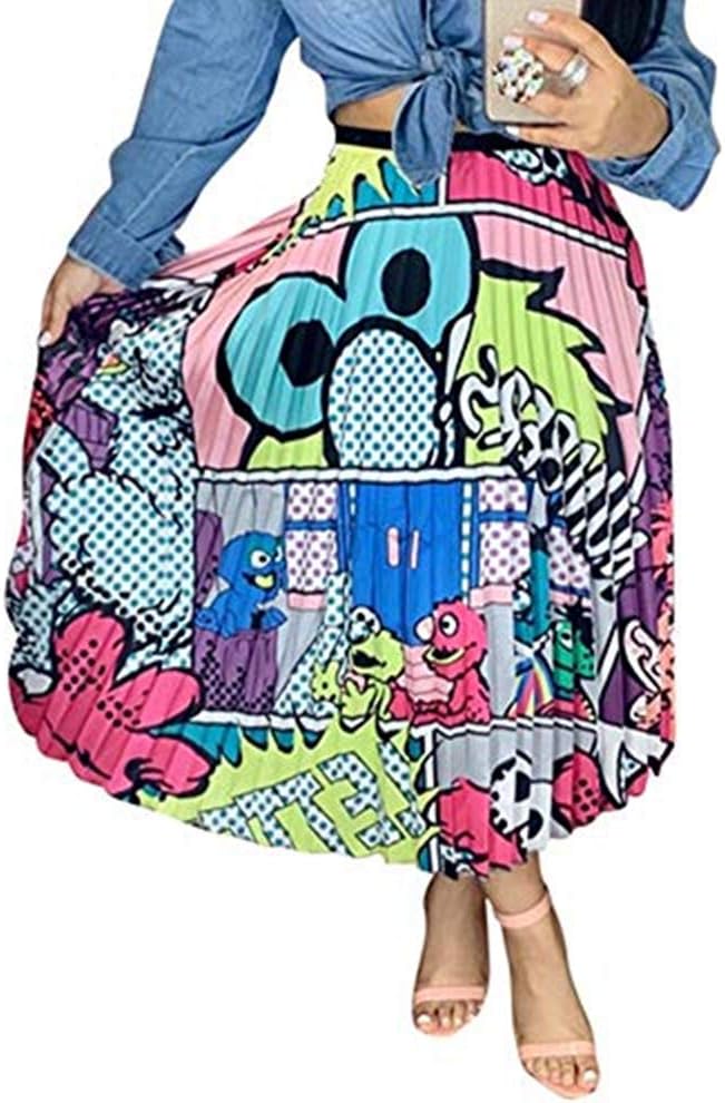 Speedle Women Color Block Graffiti Letter Print Cartton Pleated A Line Maxi Long Party Skirt Blue Eyes 3XL