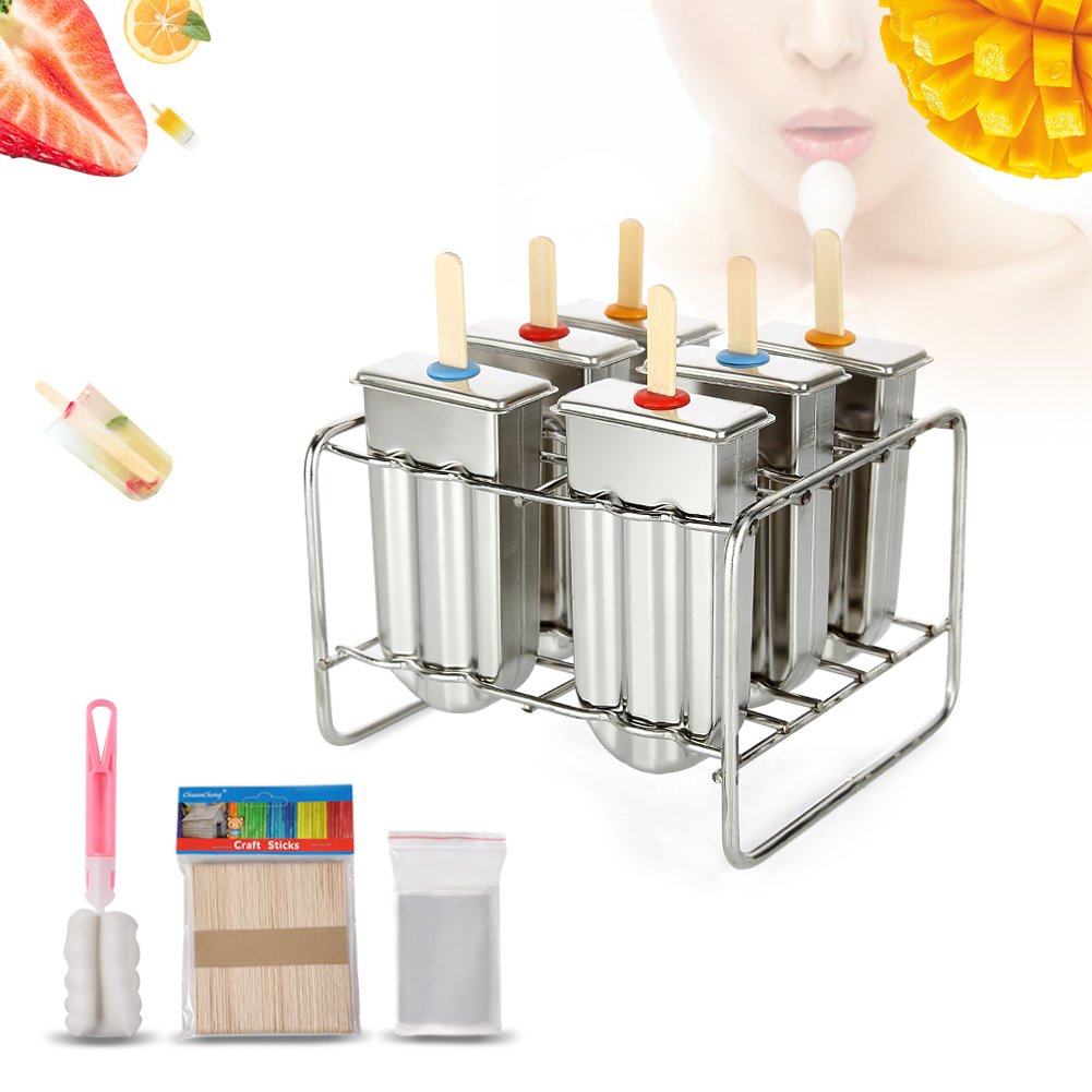 Aramox Stainless Steel Popsicle Mould Set, 6 Reusable Ice Lolly Makers with 50 Sticks and 20 Bags for Homemade Frozen Treats