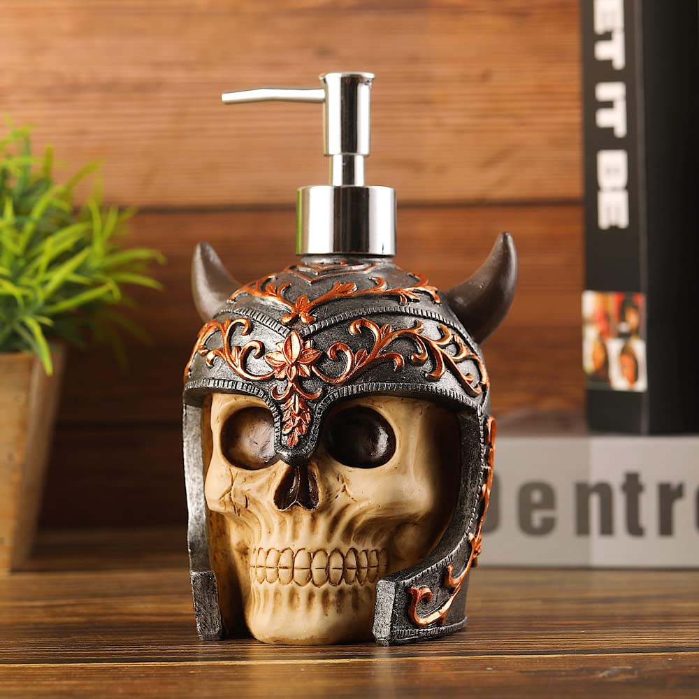 Viking Skull Soap Dispenser with Rust Proof Pump, Refillable Liquid Hand Lotion Bottle for Bathroom, Bedroom and Kitchen.