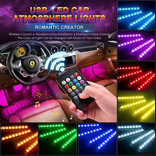 Wsiiroon Car LED Interior Lights, USB Port 4pcs 48 LED Wireless Remote Control Multicolor Music Interior Strip Lights for Car TV Home with Sound Active Function