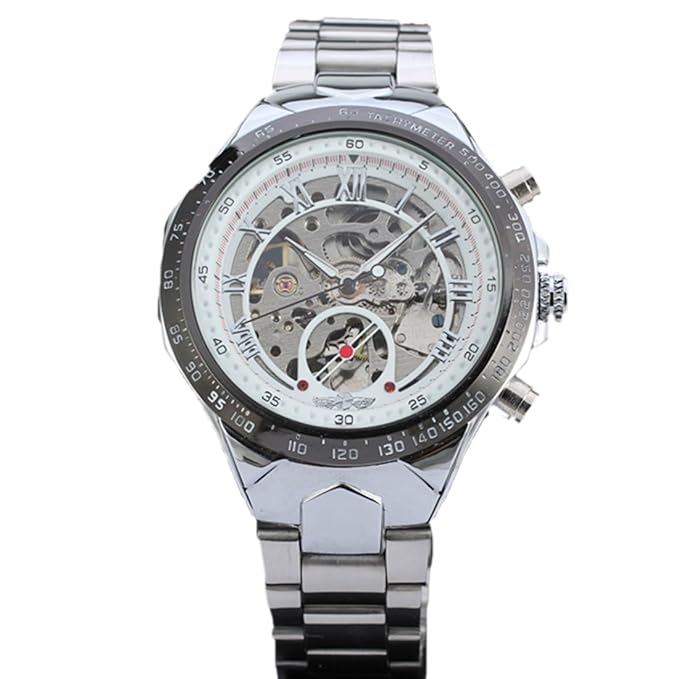 Herren Vintage sowohl Robust edelstahl Band Skelett Automatische Mechanische Uhr weiß