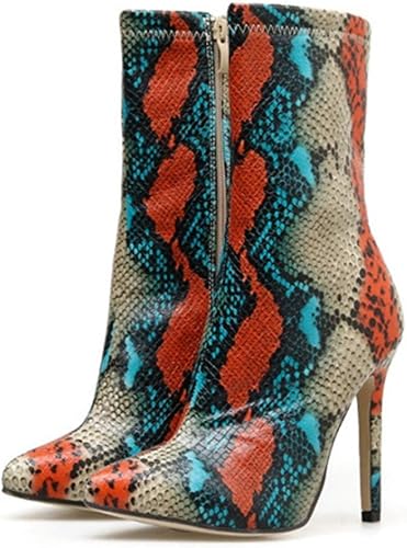 Amazon Wooyoo 超ハイヒール 女性ブーツ ポインテッドトゥ パイソン柄 カラフル サイドジッパー エレガント ピンヒール 綺麗め チューブ ブーティ ファッション 結婚式 ハイカット レディース ロングブーツ 赤 Wooyoo ブーツ ブーティ