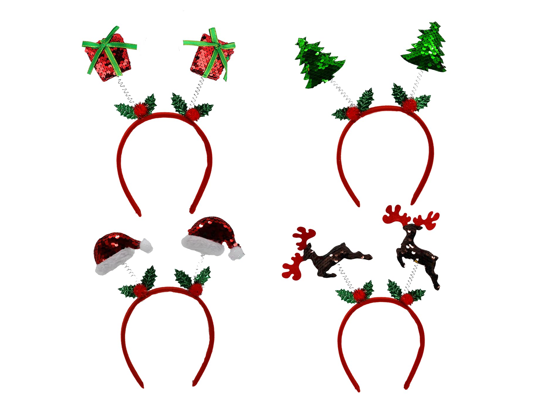 Storm&Lighthouse Christmas Head Boppers Head Band Set Festive Sequin Santa Hat Christmas Tree Gift Box and Reindeer Designs Holiday Party Accessories 4 Pack