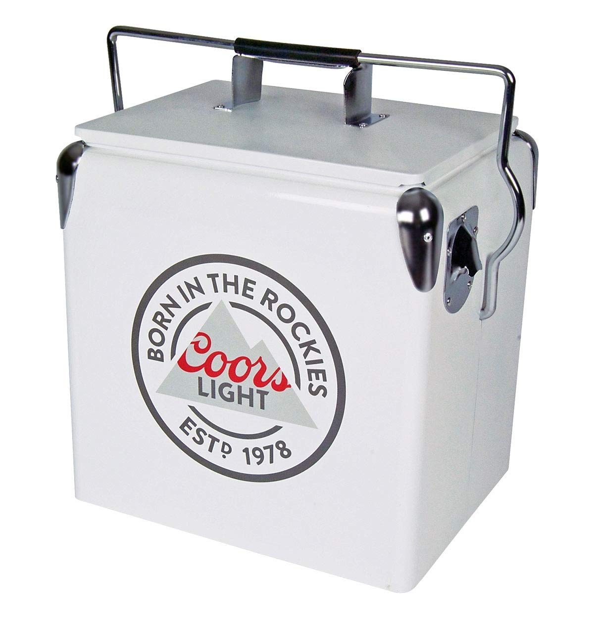 Coors Light Retro Ice Chest Cooler with Bottle Opener 13L (14 qt), 18 Can Capacity, White and Silver, Vintage Style Ice Bucket for Camping, Beach, Picnic, RV, BBQs, Tailgating, Fishing