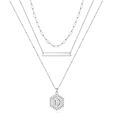 Turandoss Silver Layered Initial Necklaces for Women, 14K White Gold Plated Paperclip Chain Necklace Hexagon Letter Pendant Initial Layered Silver Necklace for Women Jewelry Gifts