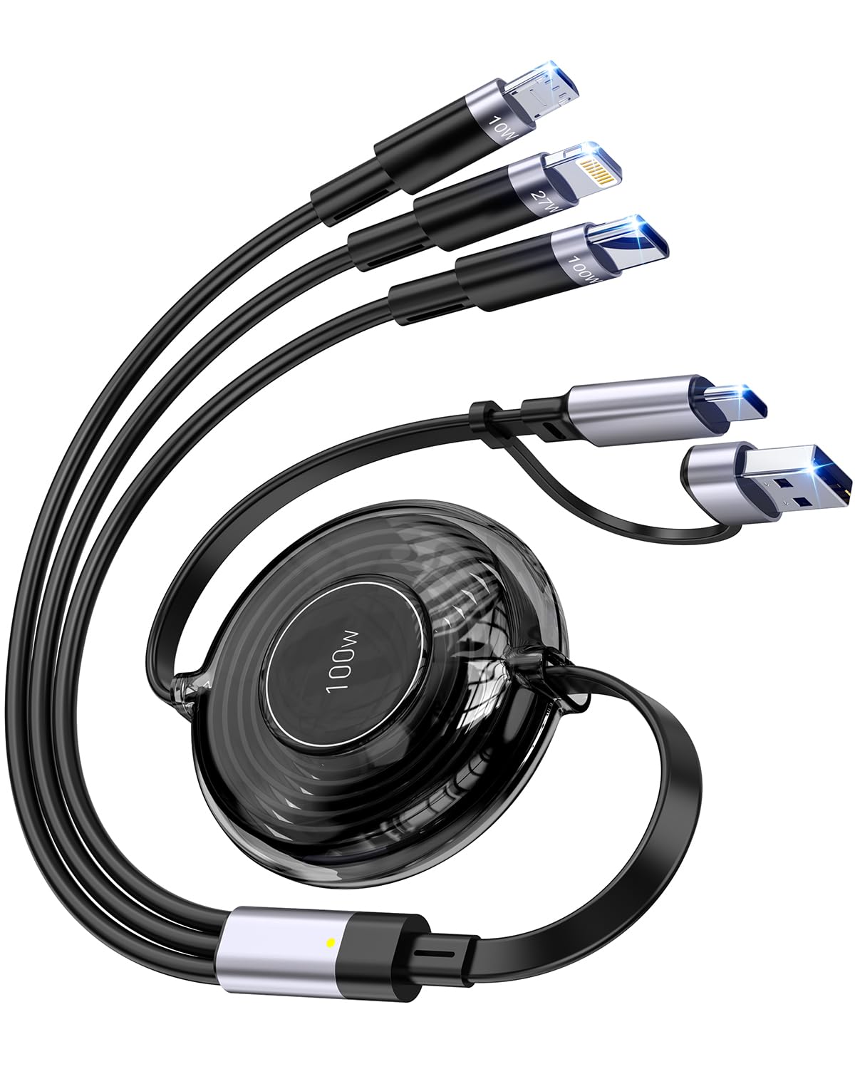 Photo 1 of 100W Multi USB Charging Cable, 6-in-1 Retractable USB C/Lightning/Micro Multi Charger Cords for iPhones, iPads, MacBook, Tablets, Galaxy, Note & More - 4Ft/1.2M 5A Fast Charging, Portable, Black