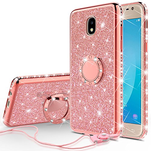 [GW USA] Glitter Cute Phone Case Girls Kickstand for Samsung Galaxy J3 2018/J3 Star/J3 Achieve/J3v 3rd Gen/Express Prime 3/Amp Prime 3 Case,Bling Diamond Bumper Ring Stand Thin Soft Sparkly,Rose Gold