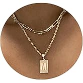 Tasiso 14K Gold Layered Initial Pendant Necklace Dainty Layering Paperclip Link Rope Chain Choker Necklace for Women Personalized Square A-Z Alphabet Letter Necklace Jewelry Gifts