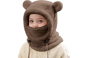 Kids Fleece Ski Balaclava Boys Girls Winter Beanie Hat with Scarf and Mask Windproof Warm Adjustable Drawstring Hats