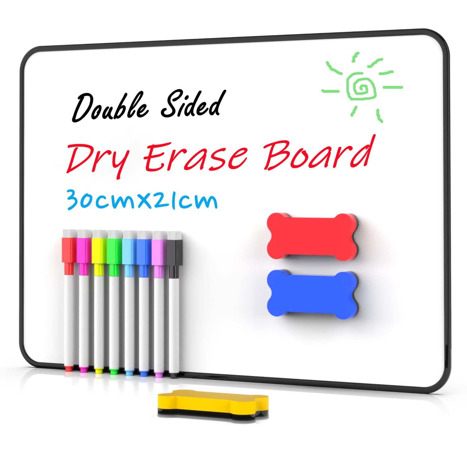 OWill Dry Erase Whiteboards A4 Small Magnetic White Board Set for Kids Mini Double Sided Whiteboard with 8 Dry Erase Pens and 2 Erasers Writing Learning at Home & Classroom