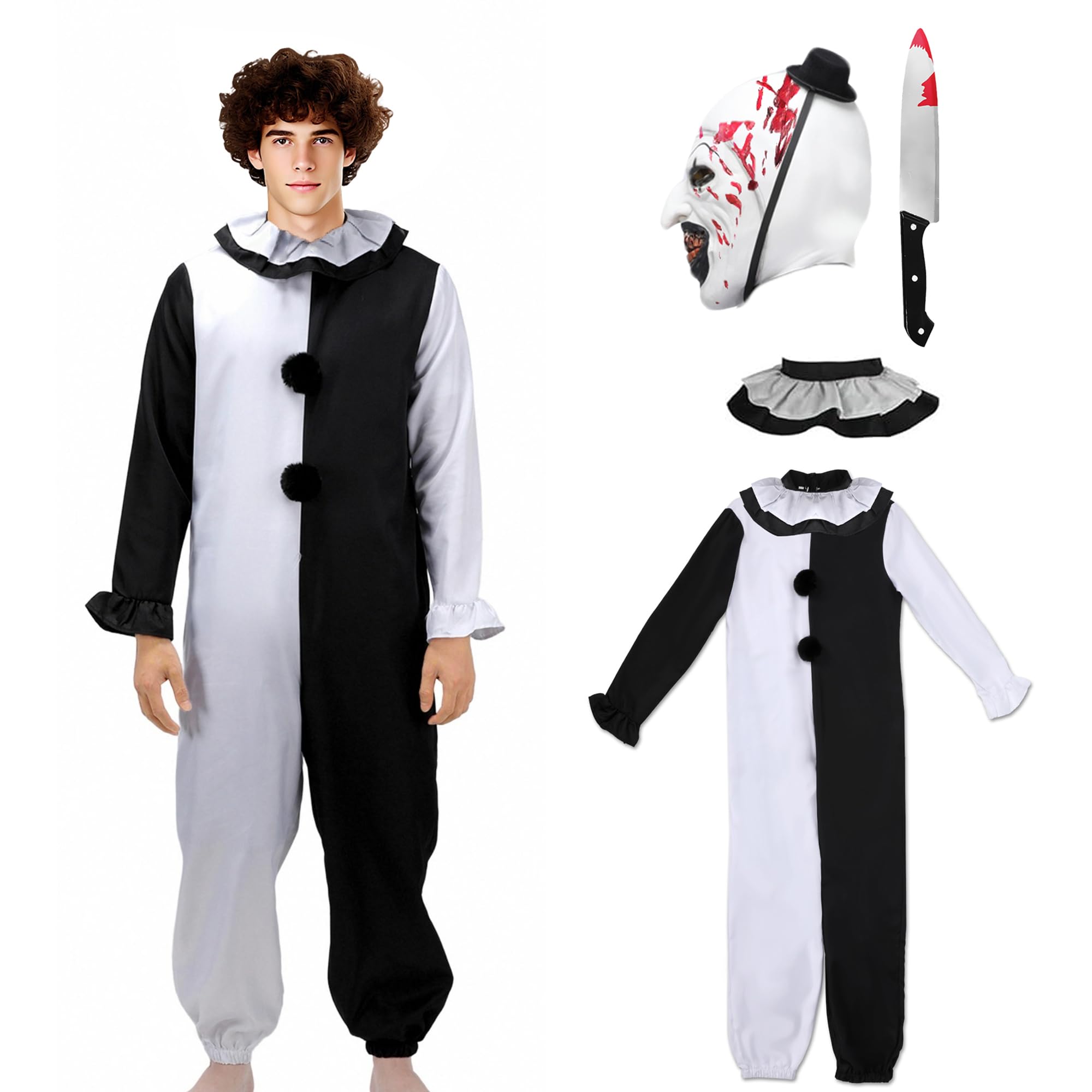 Photo 1 of Xyeyo Adult Killer Clown Costume Mask Black and White Scary Outfits Jumpsuit Mask for Men Women (A, Medium)