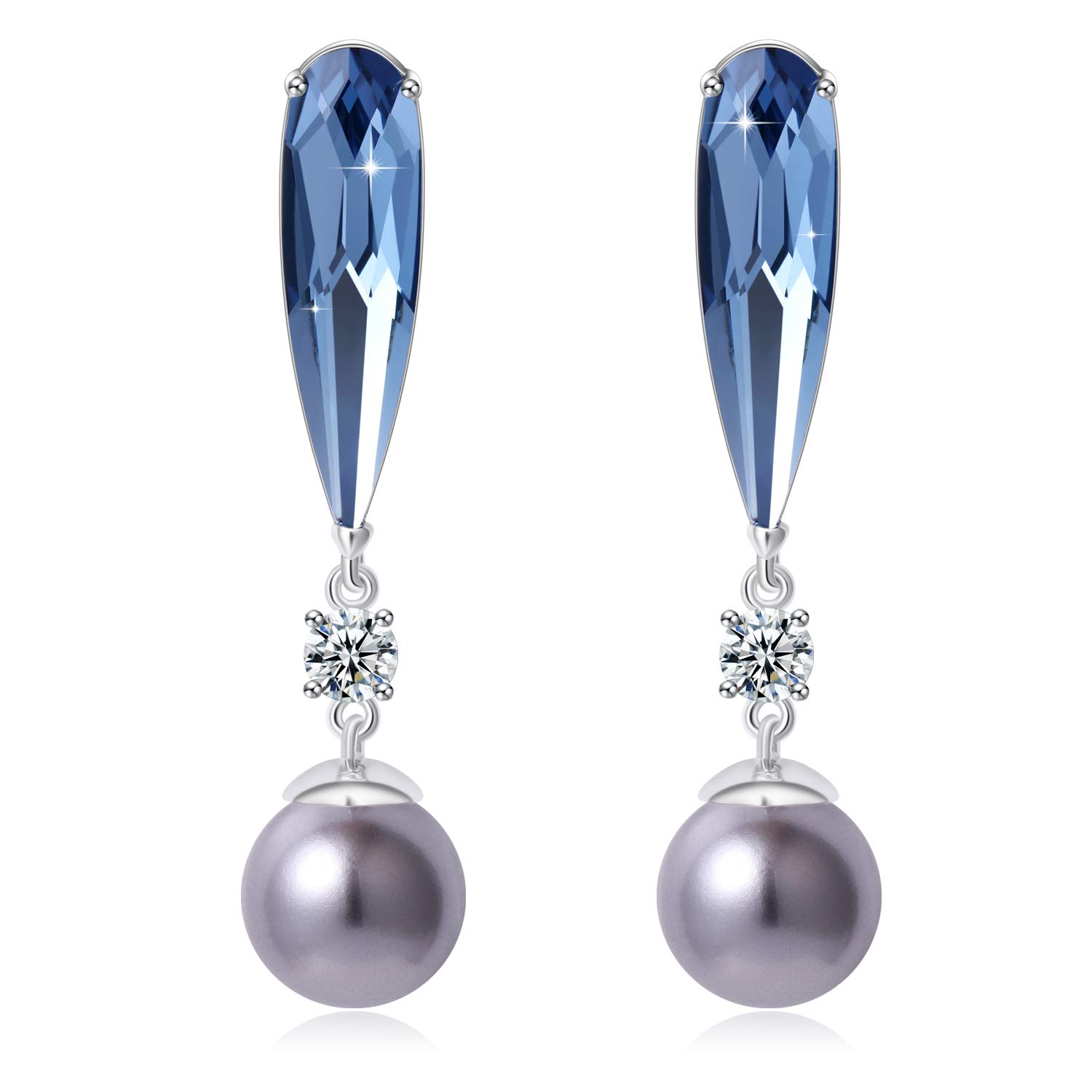 Silver Christmas Earrings Blue Crystal Grey Pearl Drop Earrings for Women in Gift Box Anniversary Birthday Mother's Day Jewelry for Mom Wife Girlfriend