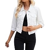 Women Cropped Denim Jacket Button Down Collarless Long Sleeve Frayed Hem Jean Jackets