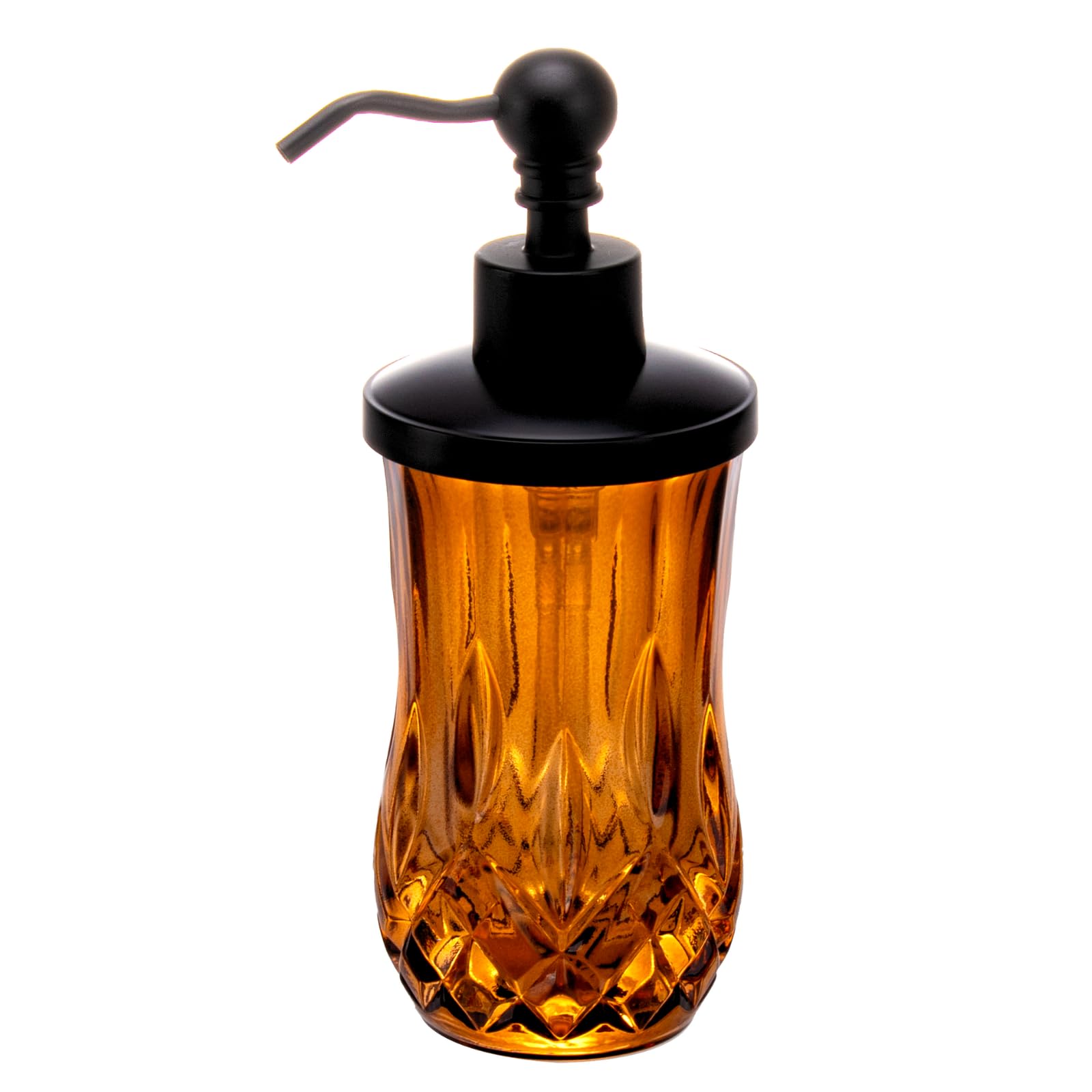 Photo 1 of ZIVQEXMURL 9Oz Amber Glass Soap Dispenser with Matte Black Zinc Alloy Pump,Lead-Free Thick-Cut Glass,Countertop Soap Dispensers for Bathroom & Kitchen,Round