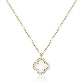 COBI Dainty 4 Leaf Clover Necklace,18K Gold Plated Mother of Pearl & Cubic Zirconia, 16" Chain with 2" Extender, Available in Single Pendant or Multi Station Styles
