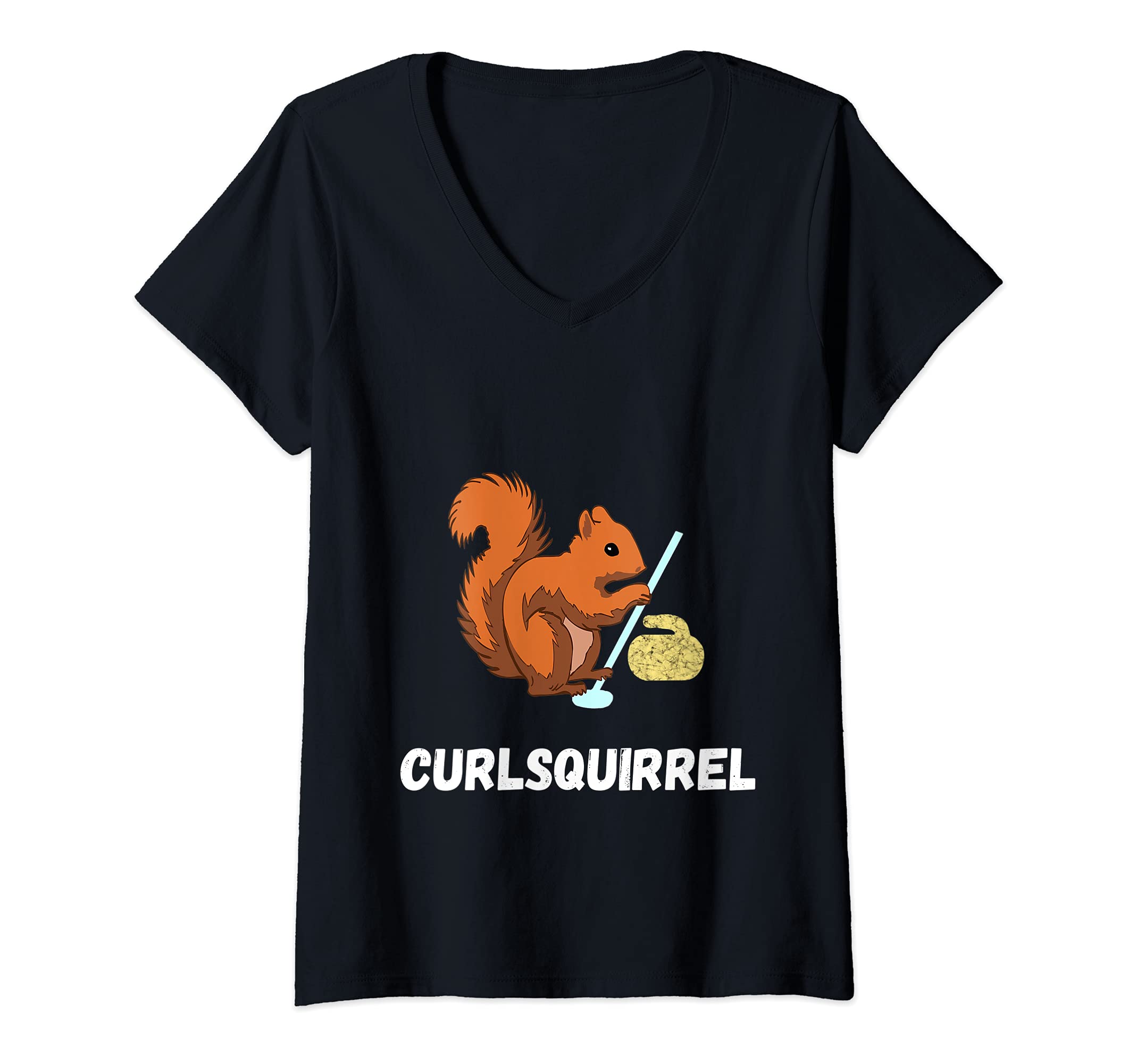 Womens Curling Squirrels Curler Rodent Winter Sport V-Neck T-Shirt