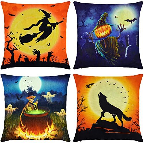 Elyhome Halloween Pillow Covers 18x18 Set of 4 Cotton Linen Burlap Throw Pillows Decorative Square Cushion Cover