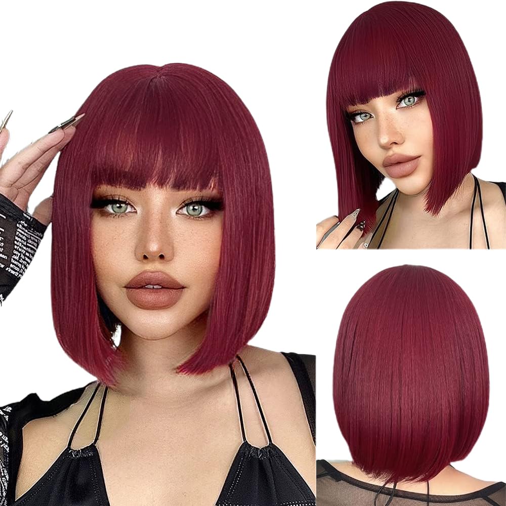 Colorfulpanda Short Bob Straight Wigs with Fringe Bangs for Women Heat Resistant Synthetic Hair Wig for Daily Party Costume Cosplay Dark Red