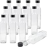 12 Pack Square Glass Hot Sauce Bottles, 8.5 oz Empty Sauce Bottles with Leak-Proof Screw Caps, Clear Glass Oil and Vinegar Bo