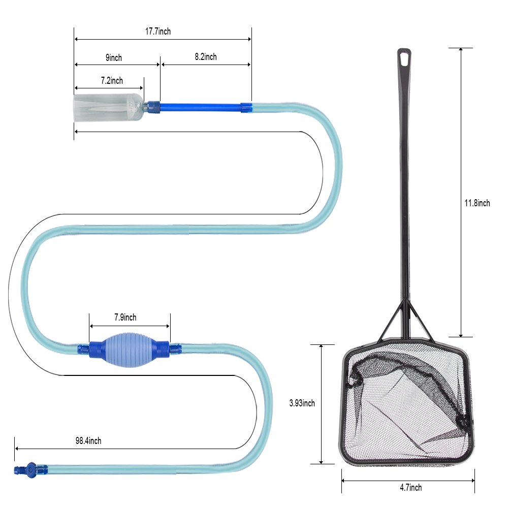 Fish Tank Cleaner Aquarium Cleaner Fish Tank Siphon Vacuum Pump Gravel Cleaner Fish Tank Water Changer Self Priming with Flow Control Tape Fish Net Mini Aquarium Net For Fish Tank 80-400 Litre/Small Pond