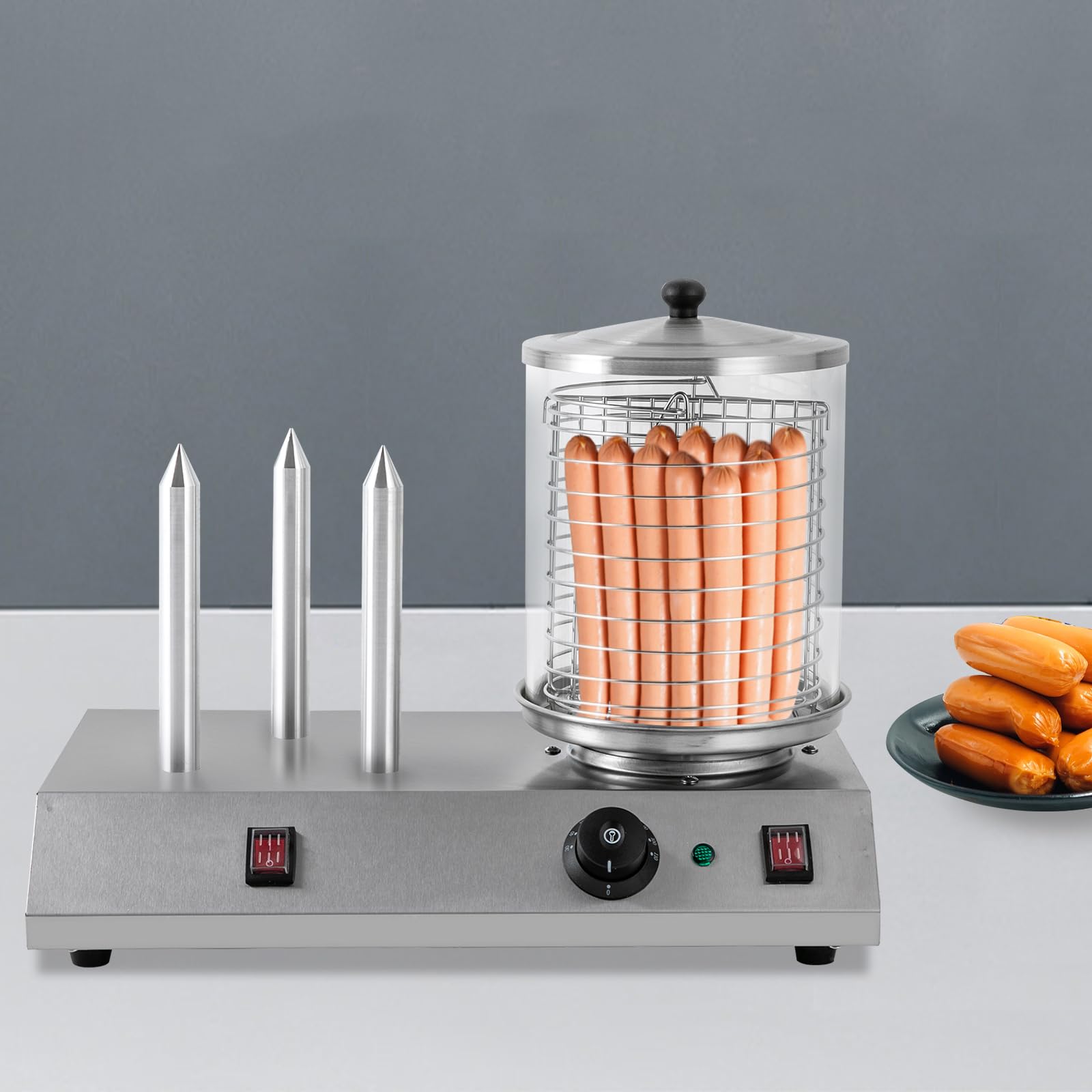 Hot Dog Steamer with Lid Stainless Steel Dog Steamer And 3 Bun Warmer Adjustable Temperature 86-230℉,Hotdog Machine with Bun Warmer for Hot Dogs, Sausages, Breads&Baguettes