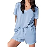 Ekouaer Womens Pajamas Sets Soft 100% Cotton Pjs Short Sleeve Lounge Sets Casual Two Piece Pjs With Pockets