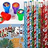 Christmas Stocking Stuffer Toy Assortment - Includes 12 Christmas Pencils, 12 Christmas Stampers and 12 Christmas Sticker Sheets