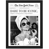 ZLBISQ Audrey Hepburn Wall Art, Dare To Be Iconic Newspaper Print, Black and White Framed Canvas with Solid Wood Frame, Vintage Fashion Decor for Bathroom Bedroom or Dressing Room, 9x11 Inch