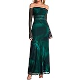 Women Fall Long Sleeve Floral Bodycon Maxi Dress Sexy Off Shoulder Ruched Wedding Guest Formal Party Long Dresses