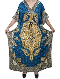 Mogul Womens Caftan Dashiki Print Kimono Kaftan Evening Beach Cover Up Maxi Dress (Blue)