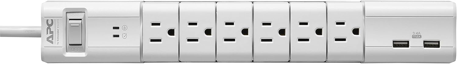 Rotating Power Strip, 6 Rotating Plugs, APC Surge Protector with USB Charging Ports, PE6RU3W, 1080 Joule, Flat Plug: Electronics
