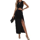 LYANER Women's Crew Neck Cut Out Twist Ribbed Knit Sleeveless Split Hem Bodycon Long Dress