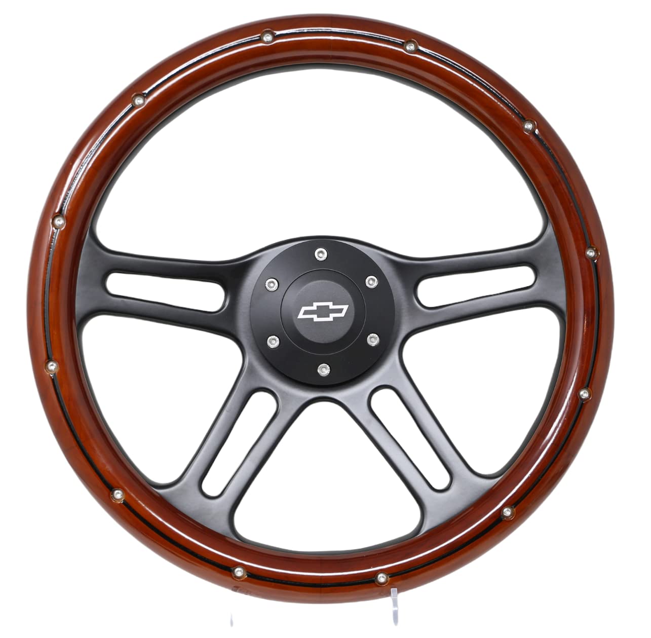 Photo 1 of 14" Billet Black Aluminum Steering Wheel w/Real Mahogany Wood Rivet Half wrap & Chevy Engraved Horn