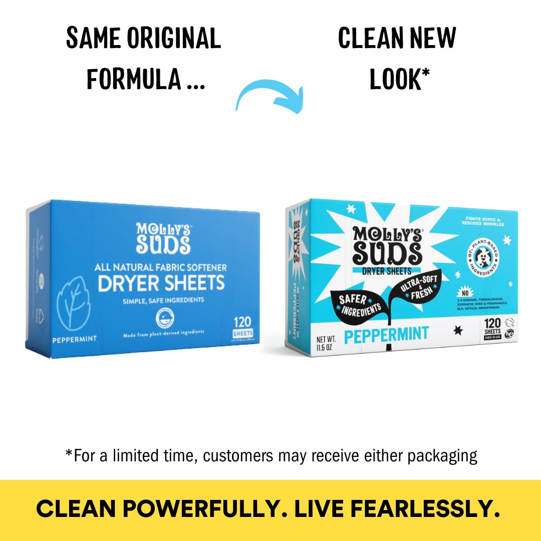 Molly's Suds Fabric Softener Dryer Sheets for Sensitive Skin | Plant-Based Static Reducer, Plastic-Free Packaging | Peppermint (120 Sheets)